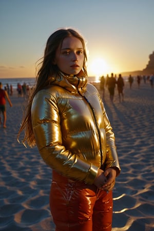 Stunning portrait of sweet, cute, slim, long haired, young woman on a crowded beach. she is dressed in (shiny), completely enclosureable, ((puffer down outfit)), by parkasite, very high yoked. all other people are summer dressed. tempting, emotional, dramatic, high detail, realistic, realistic character design, inspiring, intense emotion,  [[masterpiece, 8k, RAW photo, portrait, best quality, ultra high res, photorealistic, cinematic lightning, digital painting, storytelling, high resolution, depth of field, lens flare]].