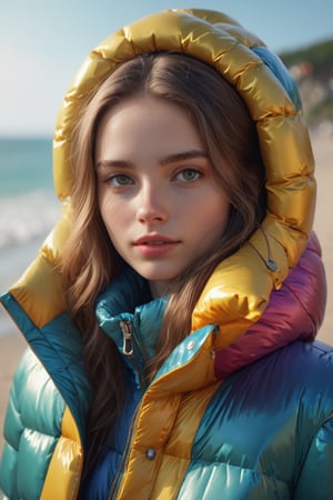 Stunning portrait of sweet, cute, slim, long haired, young European woman on a crowded beach. she is dressed in (shiny), colorful, completely enclosureable, ((puffer winter down jacket, very high yoked)). all other people are summer dressed. tempting, emotional, dramatic, high detail, realistic, realistic character design, inspiring, intense emotion,  [[masterpiece, 8k, RAW photo, portrait, best quality, ultra high res, photorealistic, cinematic lightning, digital painting, storytelling, high resolution, depth of field, lens flare]]