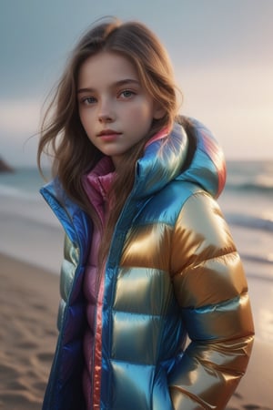 Stunning portrait of sweet, cute, slim, long haired, young European girl on a crowded beach. she is dressed in (shiny), colorful, completely enclosureable, ((puffer winter down jacket, very high yoked)). all other people are summer dressed. tempting, emotional, dramatic, high detail, realistic, realistic character design, inspiring, intense emotion,  [[masterpiece, 8k, RAW photo, portrait, best quality, ultra high res, photorealistic, cinematic lightning, digital painting, storytelling, high resolution, depth of field, lens flare]]