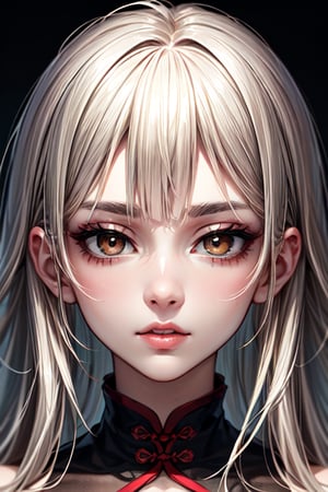 wavy mid-back platinum blonde hair, hime bangs, monolid brown eyes, long eyelashes, Black eyebrows, oval-shaped face, slender gracefully contoured jawline, smooth skin, button nose, full lips, chinese beauty, headshot_portrait,portraitart,masterpiece