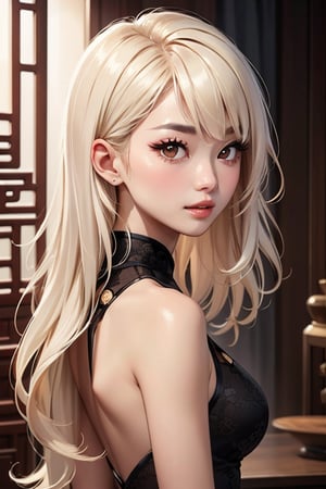 wavy mid-back platinum blonde hair, hime bangs, monolid brown eyes, long eyelashes, Black eyebrows, oval-shaped face, slender gracefully contoured jawline, smooth skin, button nose, full lips, chinese woman