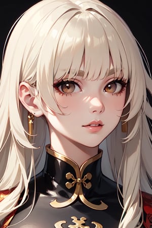 wavy mid-back platinum blonde hair, hime bangs, monolid brown eyes, long eyelashes, Black eyebrows, oval-shaped face, slender gracefully contoured jawline, smooth skin, button nose, full lips, chinese woman, headshot_portrait,portraitart,masterpiece