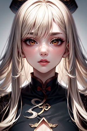 wavy mid-back platinum blonde hair, hime bangs, monolid brown eyes, long eyelashes, Black eyebrows, oval-shaped face, slender gracefully contoured jawline, smooth skin, button nose, full lips, chinese woman, headshot_portrait,portraitart,masterpiece