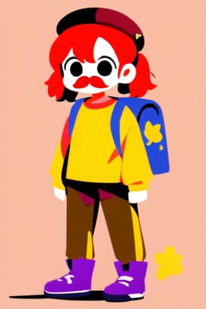 girl, 12 years old, redhead, with hair tied in 2 ponytails, with a beret, black eyes, with a blue backpack, with a yellow t-shirt, with loose brown pants, with purple boots, with a brown beret cap with a red mustache.

masterpiece, perfec draw,Flat vector art