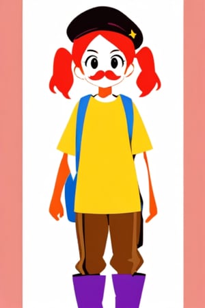 girl, 12 years old, redhead, with hair tied in 2 ponytails, with a beret, black eyes, with a blue backpack, with a yellow t-shirt, with loose brown pants, with purple boots, with a brown beret cap with a red mustache.

masterpiece, perfec draw,Flat vector art