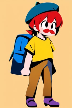 girl, 12 years old, redhead, with hair tied in 2 ponytails, with a beret, black eyes, with a blue backpack, with a yellow t-shirt, with loose brown pants, with purple boots, with a brown beret cap with a red mustache, thick lines.
masterpiece, perfec draw,Flat vector art,CuteCartoonAF