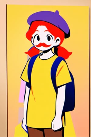 girl, 12 years old, redhead, with hair tied in 2 ponytails, with a beret, black eyes, with a blue backpack, with a yellow t-shirt, with loose brown pants, with purple boots, with a brown beret cap with a red mustache.

masterpiece, perfec draw,Flat vector art