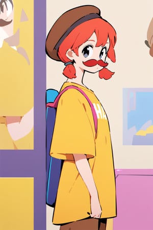 girl, 12 years old, redhead, with hair tied in 2 ponytails, with a beret, black eyes, with a blue backpack, with a yellow t-shirt, with loose brown pants, with purple boots, with a brown beret cap with a red mustache.

masterpiece, perfec draw,Flat vector art