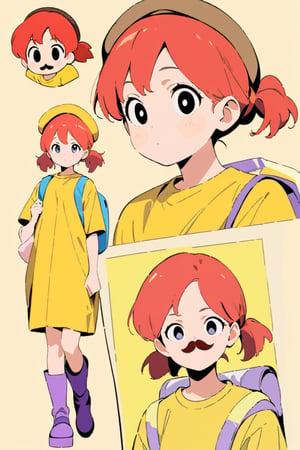 girl, 12 years old, redhead, with hair tied in 2 ponytails, with a beret, black eyes, with a blue backpack, with a yellow t-shirt, with loose brown pants, with purple boots, with a brown beret cap with a red mustache.

masterpiece, perfec draw,Flat vector art,niji6