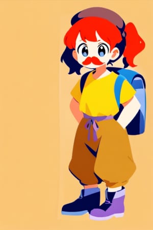 girl, 12 years old, redhead, with hair tied in 2 ponytails, with a beret, black eyes, with a blue backpack, with a yellow t-shirt, with loose brown pants, with purple boots, with a brown beret cap with a red mustache, thick lines.
masterpiece, perfec draw,Flat vector art,CuteCartoonAF