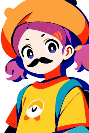 girl, 12 years old, redhead, with hair tied in 2 ponytails, with a beret, black eyes, with a blue backpack, with a yellow t-shirt, with loose brown pants, with purple boots, with a brown beret cap with a red mustache.

masterpiece, perfec draw,Flat vector art