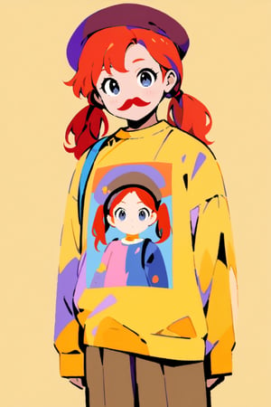 girl, 12 years old, redhead, with hair tied in 2 ponytails, with a beret, black eyes, with a blue backpack, with a yellow t-shirt, with loose brown pants, with purple boots, with a brown beret cap with a red mustache.

masterpiece, perfec draw,Flat vector art,niji6,Leonardo Style