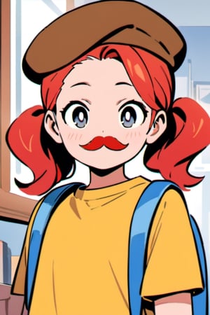 girl, 12 years old, redhead, with hair tied in 2 ponytails, with a beret, black eyes, with a blue backpack, with a yellow t-shirt, with loose brown pants, with purple boots, with a brown beret cap with a red mustache.
masterpiece, perfec draw,Flat vector art