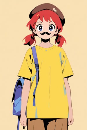 girl, 12 years old, redhead, with hair tied in 2 ponytails, with a beret, black eyes, with a blue backpack, with a yellow t-shirt, with loose brown pants, with purple boots, with a brown beret cap with a red mustache.

masterpiece, perfec draw,Flat vector art,niji6