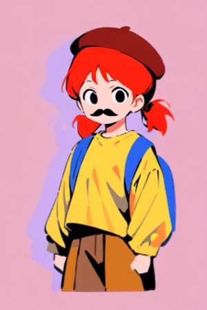 girl, 12 years old, redhead, with hair tied in 2 ponytails, with a beret, black eyes, with a blue backpack, with a yellow t-shirt, with loose brown pants, with purple boots, with a brown beret cap with a red mustache.

masterpiece, perfec draw,Flat vector art