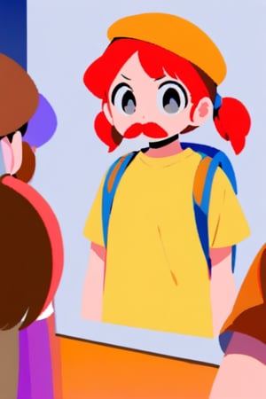 girl, 12 years old, redhead, with hair tied in 2 ponytails, with a beret, black eyes, with a blue backpack, with a yellow t-shirt, with loose brown pants, with purple boots, with a brown beret cap with a red mustache.

masterpiece, perfec draw,Flat vector art