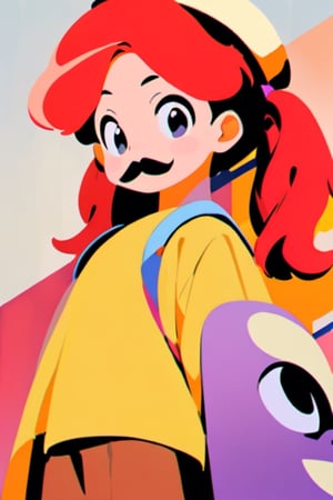 girl, 12 years old, redhead, with hair tied in 2 ponytails, with a beret, black eyes, with a blue backpack, with a yellow t-shirt, with loose brown pants, with purple boots, with a brown beret cap with a red mustache.
masterpiece, perfec draw,Flat vector art