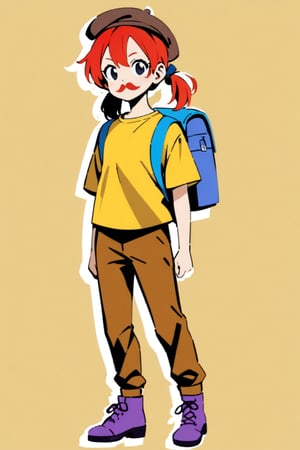 girl, 12 years old, redhead, with hair tied in 2 ponytails, with a beret, black eyes, with a blue backpack, with a yellow t-shirt, with loose brown pants, with purple boots, with a brown beret cap with a red mustache.

masterpiece, perfec draw,Flat vector art,niji6,Leonardo Style