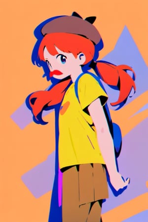 girl, 12 years old, redhead, with hair tied in 2 ponytails, with a beret, black eyes, with a blue backpack, with a yellow t-shirt, with loose brown pants, with purple boots, with a brown beret cap with a red mustache.

masterpiece, perfec draw,Flat vector art