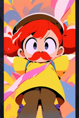 girl, 12 years old, redhead, with hair tied in 2 ponytails, with a beret, black eyes, with a blue backpack, with a yellow t-shirt, with loose brown pants, with purple boots, with a brown beret cap with a red mustache.
masterpiece, perfec draw,Flat vector art,CuteCartoonAF