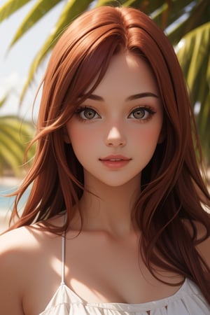 1girl, 20 year-old beautiful human girl with long auburn hair and hazel eyes, beautiful face, summer season, sun dress,