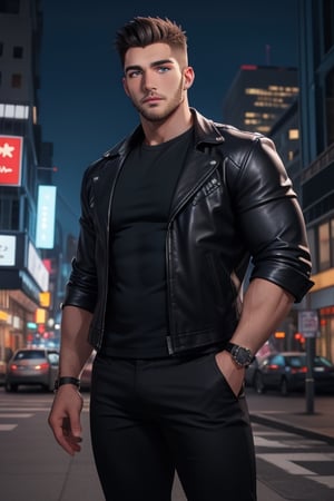hot guy, long hair, black hair, stubble, beefcake, rugged, blue eyes, city at night, background, black leather jacket, black pants, black t-shirt, hair framing the face, hair parted at the middle, big and muscular, sexy man, illustration