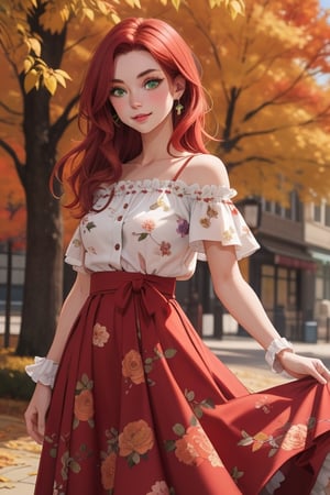 a beautiful young woman with red hair and green eyes posing for a photo, hair framing the face, fashion, floral_pattern, ruffled blouse, long skirt, 1 girl, medium breasts, shoulder length hair, fall_(season), warm colors
