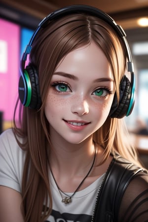 1girl, beautiful young woman,auburn hair with multicolor highlights, long hair, green eyes, headphones, punk aesthetic, freckles, posing for a photo, seductive smile, pub background, cartoon, multicolored_hair