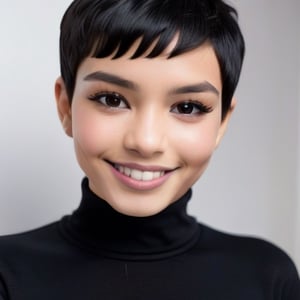 girl with extremely short black pixie haircut, white skin with Latina facial features, thick lips, small eyes, wearing a black turtleneck shirt, smiling.