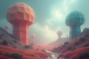 A surreal, dreamlike landscape where the boundaries between reality and imagination blur, featuring floating geometric shapes and unusual color combinations, with a gentle, ethereal light illuminating the scene.