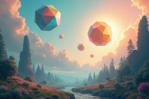 A surreal, dreamlike landscape where the boundaries between reality and imagination blur, featuring floating geometric shapes and unusual color combinations, with a gentle, ethereal light illuminating the scene.