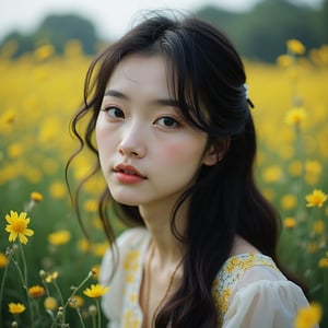 1girl, chinese influencer, beauty, in a meadow of yellow flowers, looking at viewer, pale skin, elegant and beautiful face