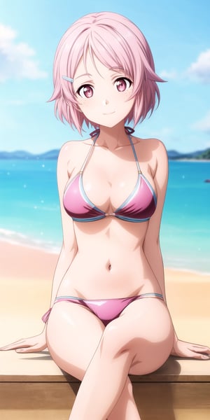 masterpiece, highly detailed, 4K, vibrant colors, sharp focus, best quality, depth of field, perfect body, perfect anatomy, beautiful background, fully detailed background, happy expressions, bikini, lisbeth, pink hair, hairclip, freckles, pink eyes, legs crossed, 