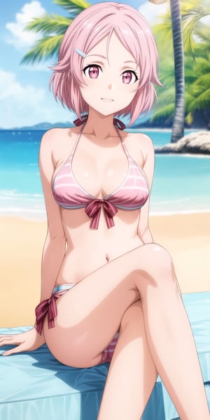 masterpiece, highly detailed, 4K, vibrant colors, sharp focus, best quality, depth of field, perfect body, perfect anatomy, beautiful background, fully detailed background, happy expressions, bikini, lisbeth, pink hair, hairclip, freckles, pink eyes, legs crossed, 