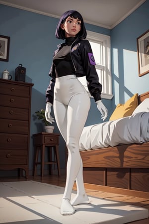 A young woman, curvy body, full_body, dark blue hair, medium hair, bangs hair, high_resolution, black_eyes, black punk jacket, purple pants, white_socks, gloves, in her room, masterpiece, 4K, perfect legs, perfect arms, perfect hands, perfect feets, high detailed,FOLDED_SOCKS