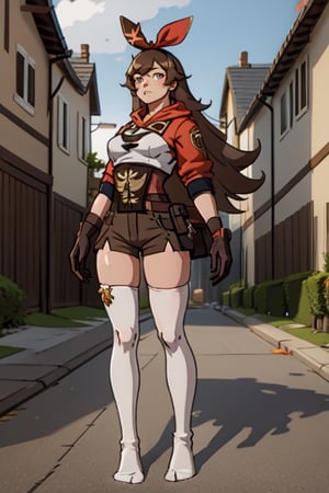 Amber from Genshin Impact, curvy body:1.2, full lips, brown hair, long hair, straight_hair, bangs, full-body_portrait, brown shorts, red ribbon, high detailed. Perfect generator hands, red socks, in a village, perfect generator legs, perfect feet,Flat vector art,Vector illustration,more detail XL,highres,masterpiece,photorealistic,Amber, FFA,1 girl,FOLDED_SOCKS