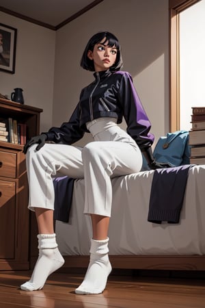A young woman, curvy body, full_body, dark blue hair, medium hair, bangs hair, high_resolution, black_eyes, black jacket, purple pants, white_socks, gloves, in her room, masterpiece, 4K, perfect legs, perfect arms, perfect hands, perfect feets, high detailed,FOLDED_SOCKS