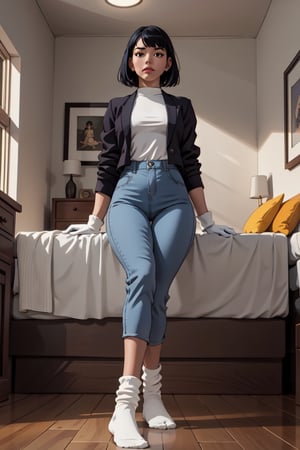 A young woman, curvy body, full_body, dark blue hair, medium hair, bangs hair, high_resolution, black_eyes, black jacket, purple pants, white_socks, gloves, in her room, masterpiece, 4K, perfect legs, perfect arms, perfect hands, perfect feets, high detailed,FOLDED_SOCKS