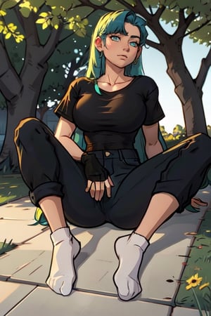 A 30year old girl that has a curvy body, green eyes:1.2, full lips, blue hair, tail braize hair, straight_hair, bangs, full-body_portrait, black top shirt, jeans pants, high detailed. Perfect generator hands, white ankle socks, in a park, perfect generator legs, perfect feet,Flat vector art,Vector illustration,more detail XL,highres,masterpiece,socks,photorealistic