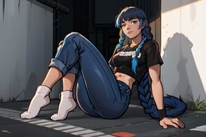 A 30year old girl that has a curvy body, black eyes:1.2, full lips, blue hair, tail braid hair, straight_hair, bangs, full-body_portrait, black top shirt, blue jeans pants, high detailed. Perfect generator hands, white ankle socks, in a street, perfect generator legs, perfect feet,Flat vector art,Vector illustration,more detail XL,highres,masterpiece,socks,photorealistic