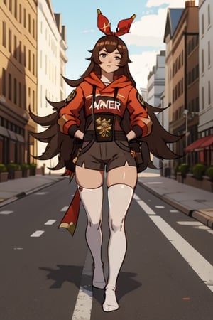 Amber from Genshin Impact, curvy body:1.2, full lips, brown hair, long hair, straight_hair, bangs, full-body_portrait, brown shorts, red ribbon, high detailed. Perfect generator hands, red thight highs socks, in a street, perfect generator legs, perfect feet,Flat vector art,Vector illustration,more detail XL,highres,masterpiece,socks,photorealistic,Amber,