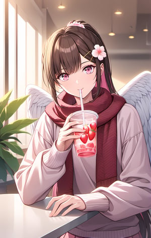 ((best quality, newest)), detailed face, detailed eyes, expressive eyes, perfect face, 1girl, holding strawberry drink, holding, strawberry drink, sipping straw, drinking sipping, drinking strawberry drink, drinking, strawberry drink, female, solo, toned female, toned skin, five finger, hair ornament cherry blossom flower, dark red scarf, white sweater with long sleeves, pink sweater vest, pink skirt with short hoop skirt, white socks, brown boots, white angel wings, angel wings, cafe, plant, indoors, happy face, sipping on mouth, two toned hair, toned, two toned color hair, brown hair with pink dye hair, dark pink eyes, long hair, ponytail, best quality, amazing quality, best aesthetic, best aesthetic art, absurdres, year 2024
