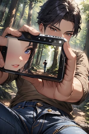 masterpiece, best quality, add more details xl. ultra details, sharp focus, high_resolution, 4K, (1boy, black hair, with jeans, taking picture, on the woods)