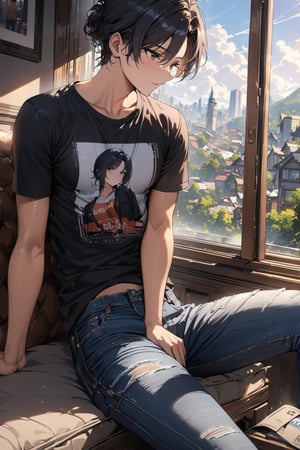 masterpiece, best quality, add more details xl. ultra details, sharp focus, high_resolution, 4K, (boy black hair, with jeans and t-shirt), sat right next to a window.