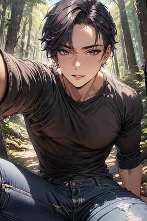 masterpiece, best quality, add more details xl. ultra details, sharp focus, high_resolution, 4K, (1boy, black hair, with jeans, taking a selfie, on the woods)