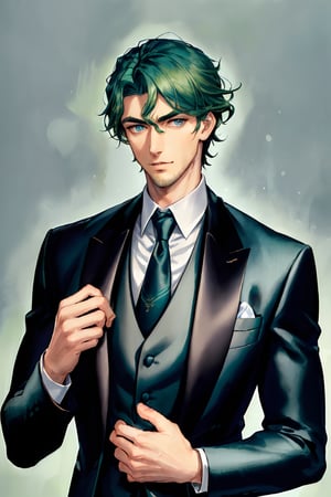 (absurdres, highres, ultra detailed), (1 male, solo, adult, mature, aged up, tall guy, broad shoulders, handsome), wavy green hair, blue eyes, (oval face, thick neck, thick eyebrows), nice suit, extremely detailed face, full body, handsome_male.,1boy