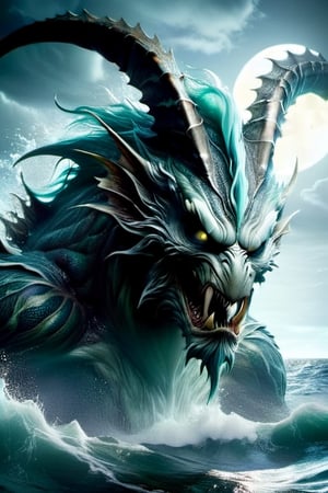 close-up shot, photorealistic, photo of the sea monster, fearsome beast, hoping over  the surface of stromy ocean, with intricate and highly detailed markings adorning its sleek scalp, long pointy ears, the scene should have fair lit, with the moonlight leaks through the dense canopy overhead and casting cold, dappled shadows, the water splashes around, the mood should be mystical and ethereal, with a sharp focus on the monster's angry expression, inspired by the works of artists such as artgerm, Greg Rutkowski, and lois van baarle, add_more_creative,more detail XL