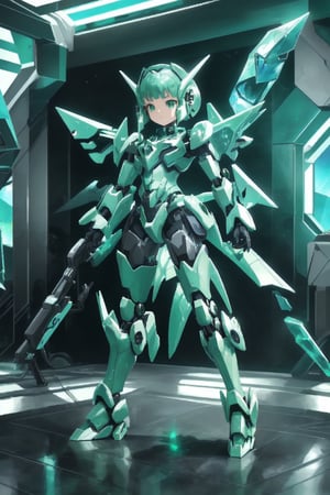 shiny armor, weapons equipped, , Crystal Mecha,sangonomiya kokomi (sparkling coralbone),mecha,Green Crystal Mecha, dark outer-space, masterpiece