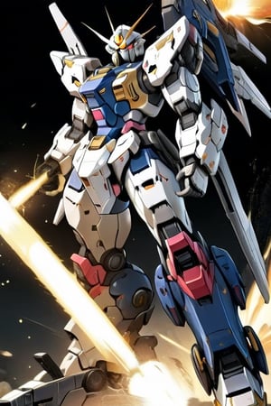 gundam mobile suit, big cannon, dark universe, solar light at the side. firing weapon, metors, kicking, torso to the right