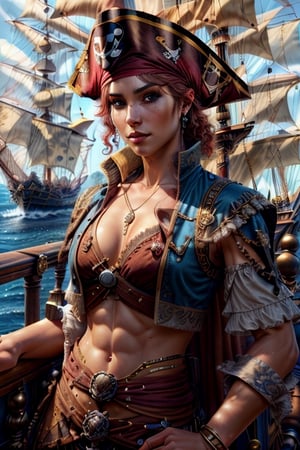 (8k, RAW photo, photorealistic:1.25), (highly detailed Caucasian skin:1.2), (1girl, solo, short hair, looking at viewer, blue eyes, pirate dress, upper body, red bandan with hibicus floral pattern, tan curly hair, wear a tan worn-off tricorn pirate hat with golden trim at the edge, no sleeves, thick belt with silver skull decorated, juliet sleeves, retro artstyle), mild scar on the chin, holding a sharp sabre in hands in fighting stance, A close up of the person, well sunlit, pirate ship at back, ulzzang, ((looking at viewer)), she has muscular arms,sexypirate